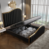 Elegant Bedding Queen Size Black Velvet Fabric Golden Metal Storage Luxury Bedframe