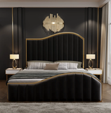 Elegant Bedding Queen Size Black Velvet Fabric Golden Metal Storage Luxury Bedframe