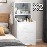 2x bedside table set with shelves and drawers modern white design