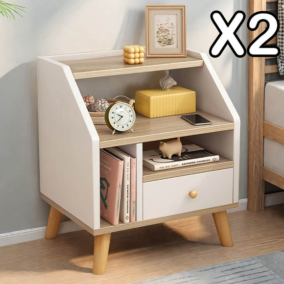 2x bedside table set wooden drawer natural white wood grain furniture