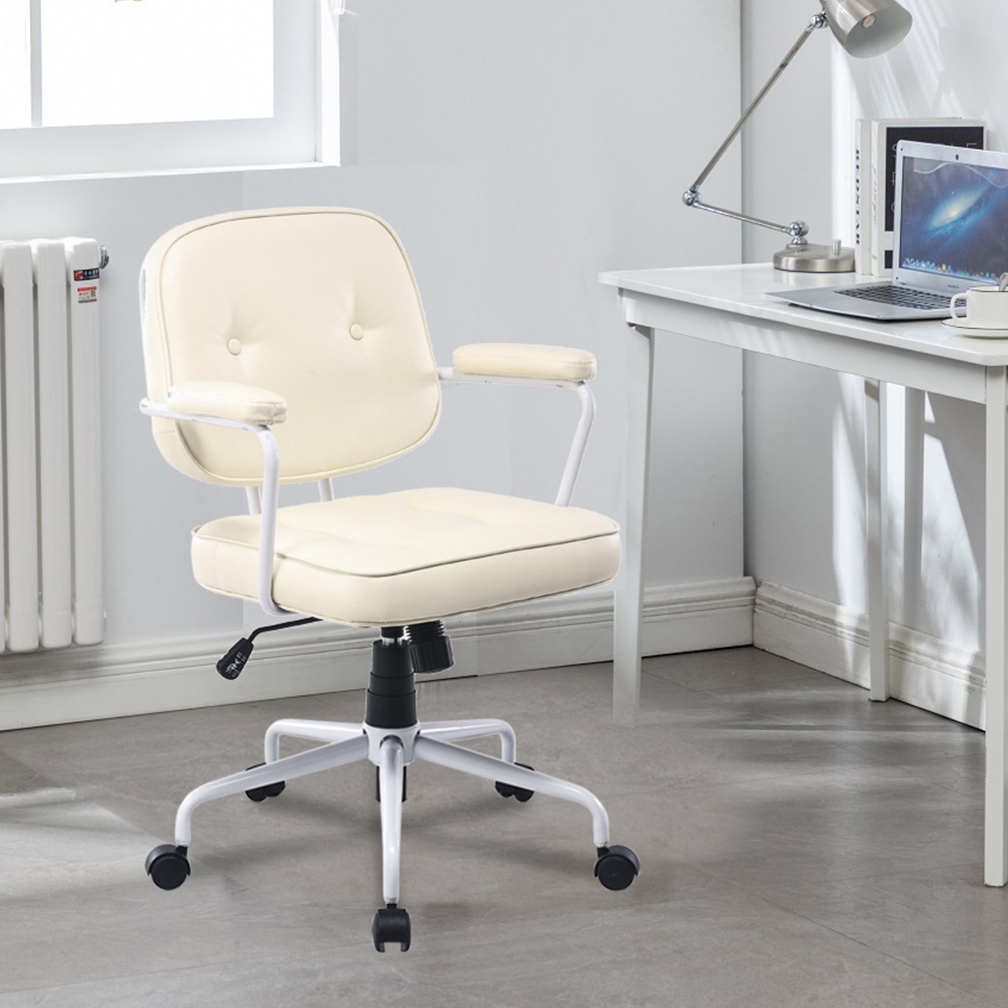 Office & Desk Chairs: Louise White Frame Faux Leather Home Office Chair in Beige