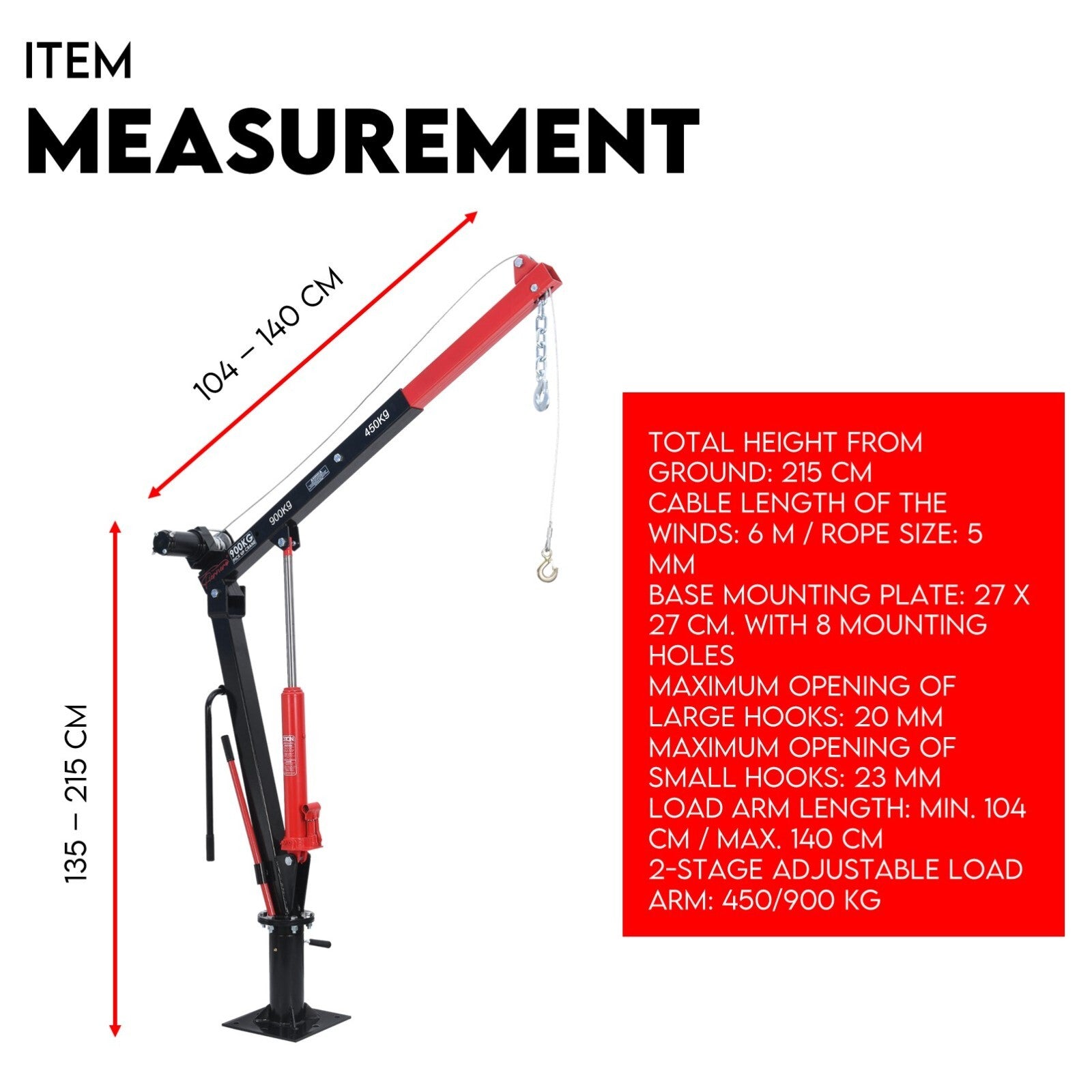 900kg Swivel Hydraulic Crane Hoist 12V Electric Jack Trailer UTE Pick up Lift