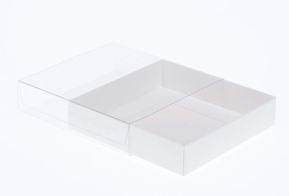 Wedding Favours: 10 Pack of 10cm Square Invitation Coaster Favor Function product Presentation Cookie Biscuit Patisserie Gift Box - 2cm deep - White Card with Clear Slide On PVC Lid