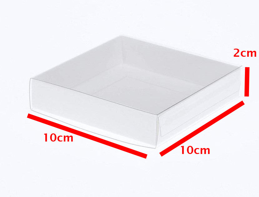 Wedding Favours: 10 Pack of 10cm Square Invitation Coaster Favor Function product Presentation Cookie Biscuit Patisserie Gift Box - 2cm deep - White Card with Clear Slide On PVC Lid