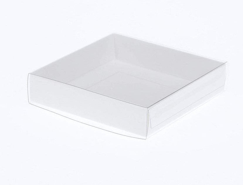 Wedding Favours: 10 Pack of 10cm Square Invitation Coaster Favor Function product Presentation Cookie Biscuit Patisserie Gift Box - 2cm deep - White Card with Clear Slide On PVC Lid
