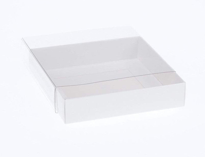 Wedding Favours: 10 Pack of 15cm Square Invitation Coaster Favor Function product Presentation Cookie Biscuit Patisserie Gift Box - 4cm deep - White Card with Clear Slide On PVC Lid