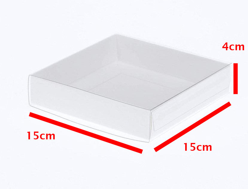 Wedding Favours: 10 Pack of 15cm Square Invitation Coaster Favor Function product Presentation Cookie Biscuit Patisserie Gift Box - 4cm deep - White Card with Clear Slide On PVC Lid
