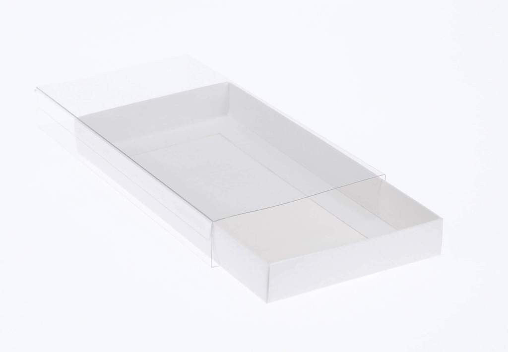 Wedding Favours: 10 Pack of White Card Box - Clear Slide On Lid - 30 x 20 x 8cm -  Large Beauty Product Gift Giving Hamper Tray Merch Fashion Cake Sweets Xmas