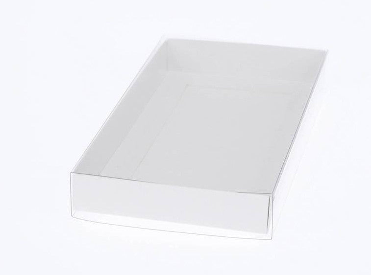 Wedding Favours: 10 Pack of White Card Box - Clear Slide On Lid - 30 x 20 x 8cm -  Large Beauty Product Gift Giving Hamper Tray Merch Fashion Cake Sweets Xmas