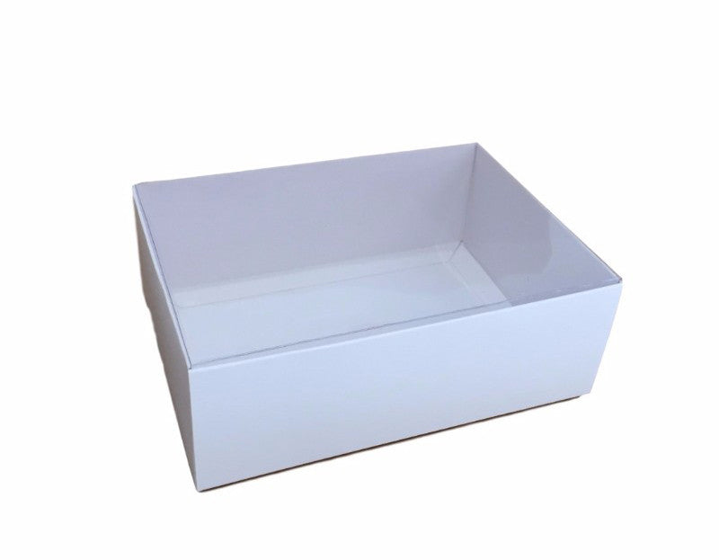 Wedding Favours: 10 Pack of White Card Box - Clear Slide On Lid - 30 x 20 x 8cm -  Large Beauty Product Gift Giving Hamper Tray Merch Fashion Cake Sweets Xmas
