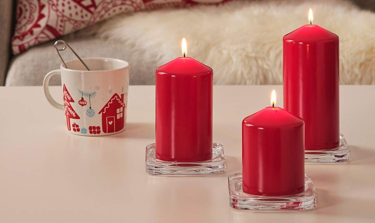 Christmas Decorations: 4 Pack Red Wax Pillar Advent Candles Xmas Wedding Party Table Room Centrepiece Decor Graduated sized 6 to 15cm High