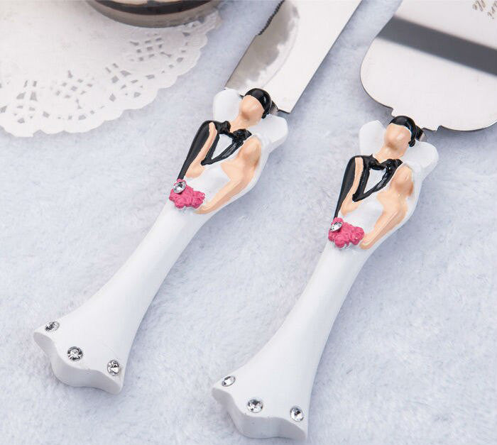 Wedding Favours: Bride Groom Cake Server Set Wedding Cake Knife and Silver Blade Server Set Boxed - Bride Groom Handles