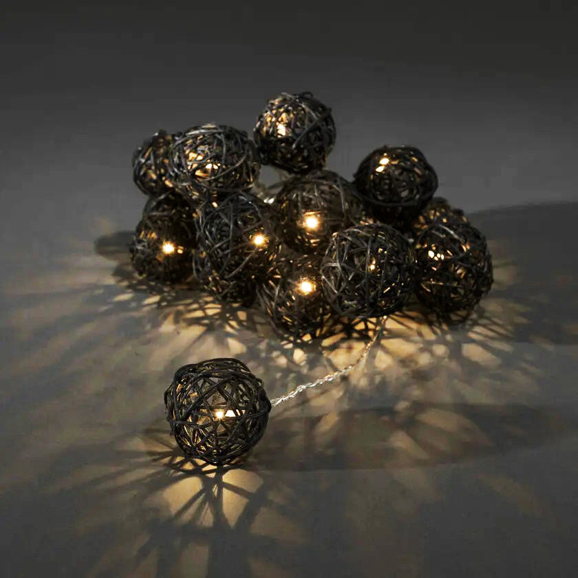 Coloured Lights: 1 Set of Black 5cm Rattan Cane 20 Ball Battery Powered 3m String Lights Christmas Gift Home Wedding Party Bedroom Decoration Table Centrepiece