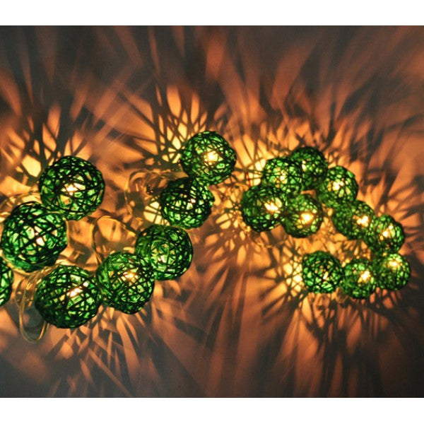 Coloured Lights: 1 Set of Green 5cm Rattan Cane 20 Ball Battery Powered 3m String Lights Christmas Gift Home Wedding Party Bedroom Decoration Table Centrepiece