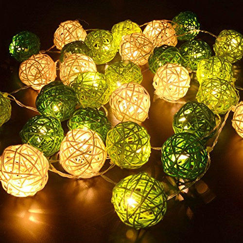 Coloured Lights: 1 Set of Green n White 5cm Rattan Cane 20 Ball Battery Powered 3m String Lights Christmas Gift Home Wedding Party Bedroom Decoration Table Centrepiece
