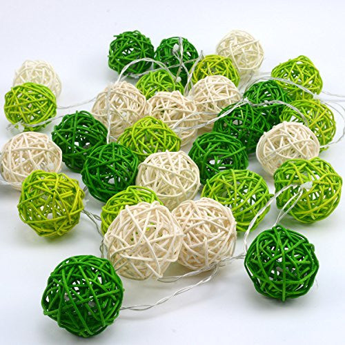 Coloured Lights: 1 Set of Green n White 5cm Rattan Cane 20 Ball Battery Powered 3m String Lights Christmas Gift Home Wedding Party Bedroom Decoration Table Centrepiece