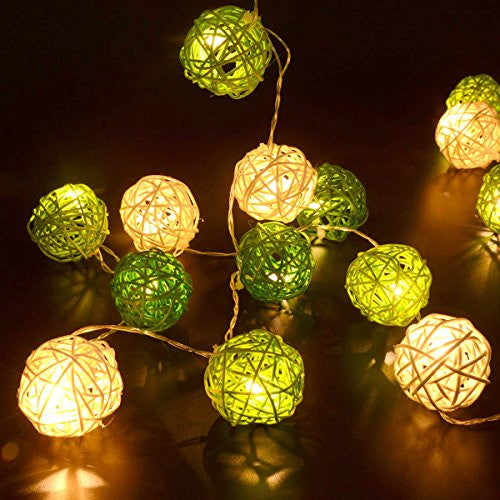 Coloured Lights: 1 Set of Green n White 5cm Rattan Cane 20 Ball Battery Powered 3m String Lights Christmas Gift Home Wedding Party Bedroom Decoration Table Centrepiece