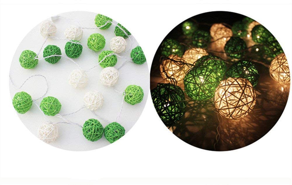 Coloured Lights: 1 Set of Green n White 5cm Rattan Cane 20 Ball Battery Powered 3m String Lights Christmas Gift Home Wedding Party Bedroom Decoration Table Centrepiece