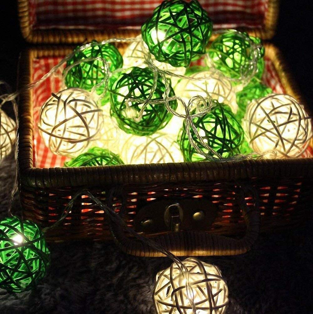 Coloured Lights: 1 Set of Green n White 5cm Rattan Cane 20 Ball Battery Powered 3m String Lights Christmas Gift Home Wedding Party Bedroom Decoration Table Centrepiece