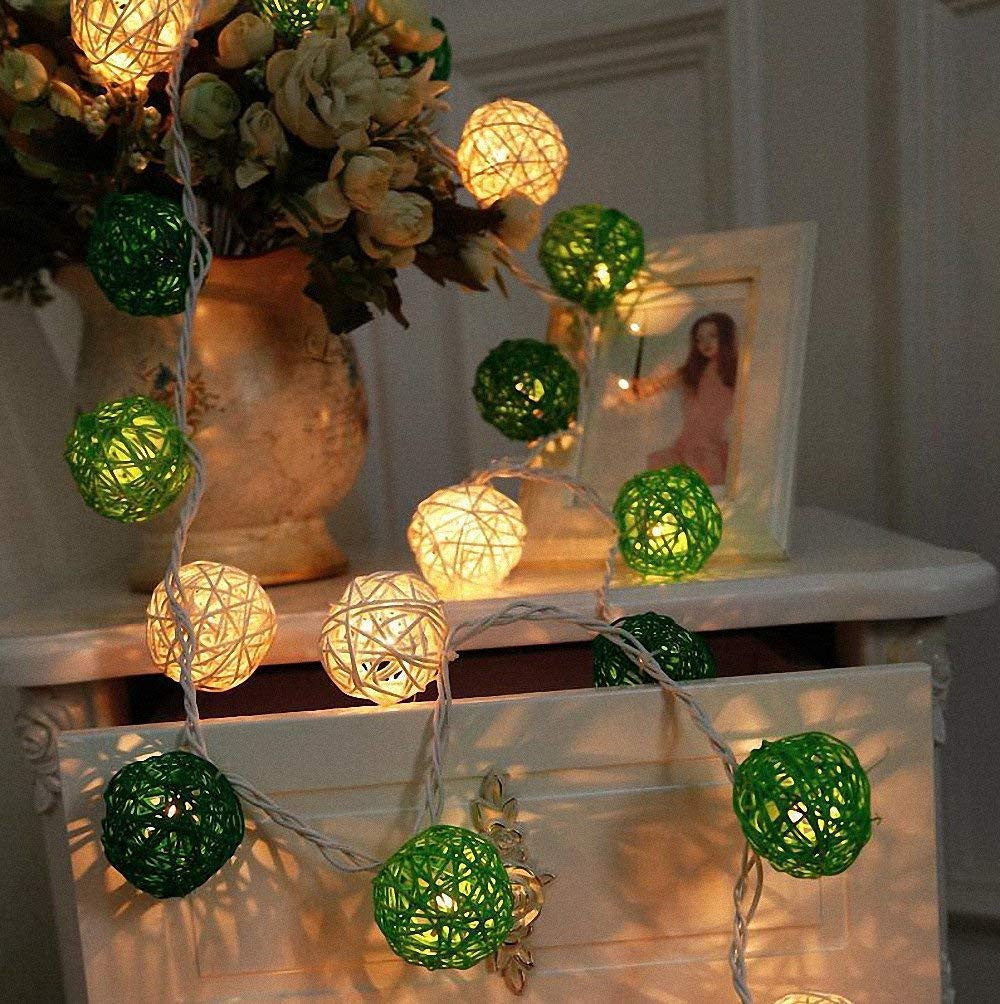 Coloured Lights: 1 Set of Green n White 5cm Rattan Cane 20 Ball Battery Powered 3m String Lights Christmas Gift Home Wedding Party Bedroom Decoration Table Centrepiece