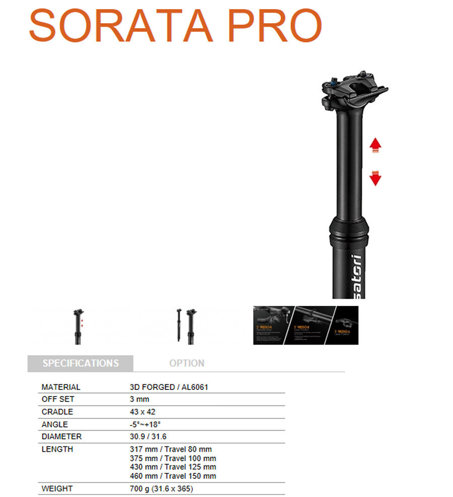 Bicycle Parts: Satori Mountain Bike Height Adjustable Seatpost Internal Cable 30.9 Diameter 150mm Travel