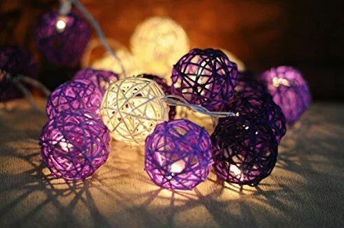 Coloured Lights: 1 Set of Purple n White 5cm Rattan Cane 20 Ball Battery Powered 3m String Lights Christmas Gift Home Wedding Party Bedroom Decoration Table Centrepiece