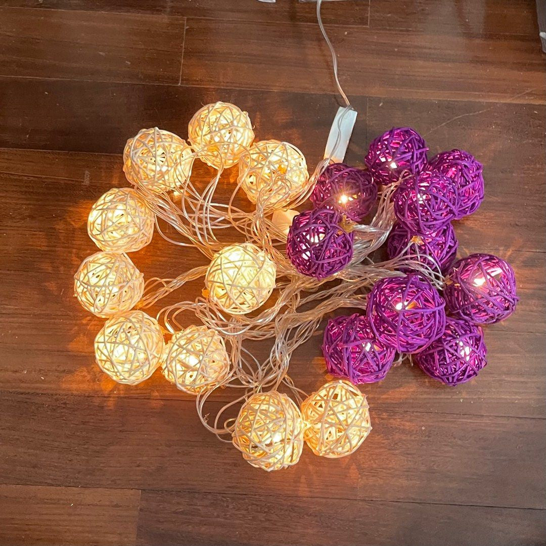 Coloured Lights: 1 Set of Purple n White 5cm Rattan Cane 20 Ball Battery Powered 3m String Lights Christmas Gift Home Wedding Party Bedroom Decoration Table Centrepiece