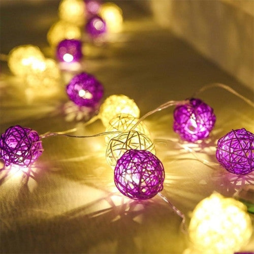 Coloured Lights: 1 Set of Purple n White 5cm Rattan Cane 20 Ball Battery Powered 3m String Lights Christmas Gift Home Wedding Party Bedroom Decoration Table Centrepiece
