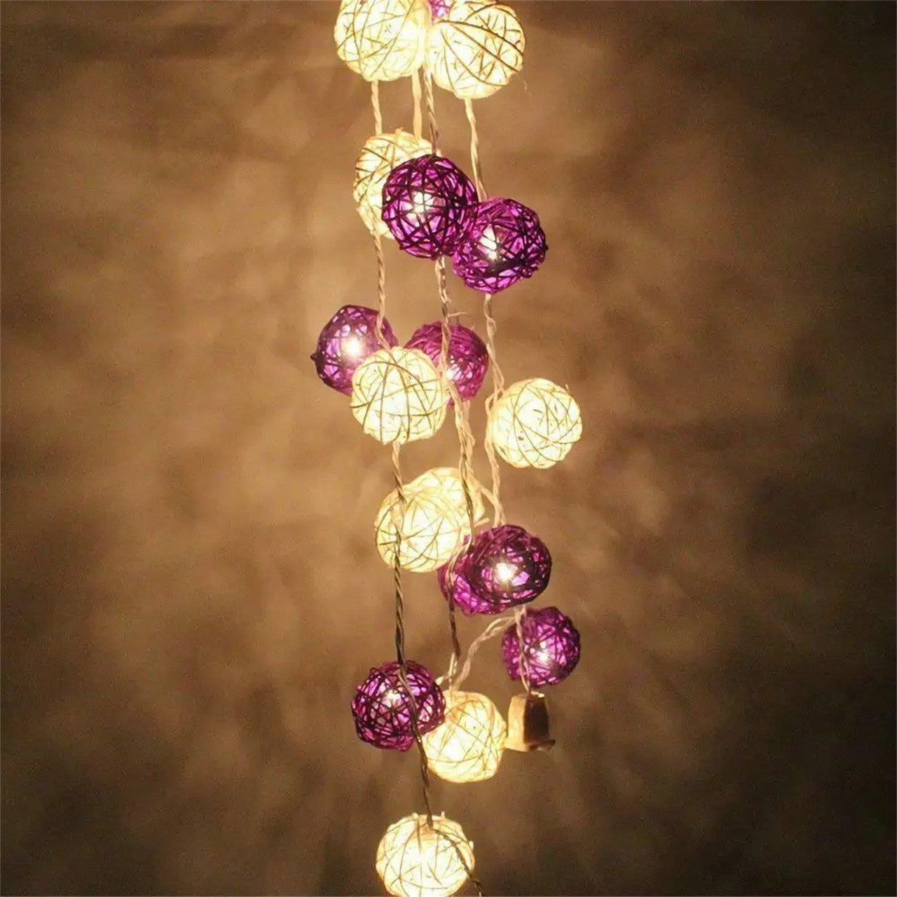 Coloured Lights: 1 Set of Purple n White 5cm Rattan Cane 20 Ball Battery Powered 3m String Lights Christmas Gift Home Wedding Party Bedroom Decoration Table Centrepiece