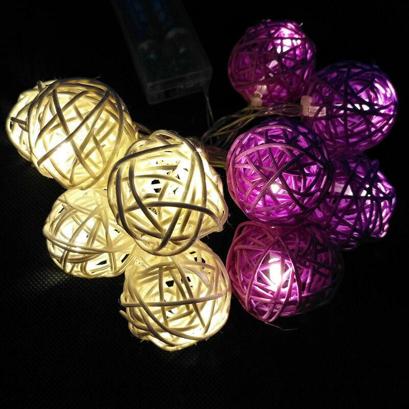 Coloured Lights: 1 Set of Purple n White 5cm Rattan Cane 20 Ball Battery Powered 3m String Lights Christmas Gift Home Wedding Party Bedroom Decoration Table Centrepiece