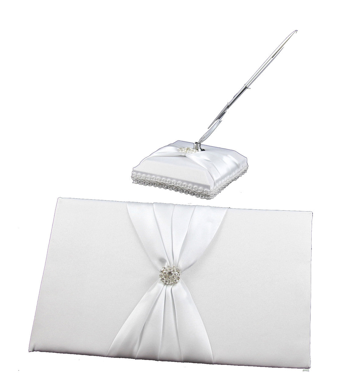 Paper Products: White Wedding Guest Book Register with Silver Pen Matching Stand Set 36 Lined Pages - White Sach Diamante Cover