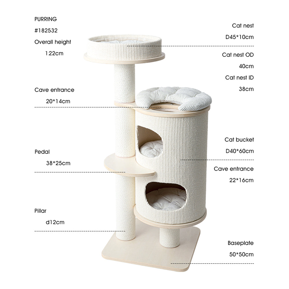 Cat Furniture: HONEYPOTCAT PURRING Plush & Sisal Barrel Cat Tower - 122cm