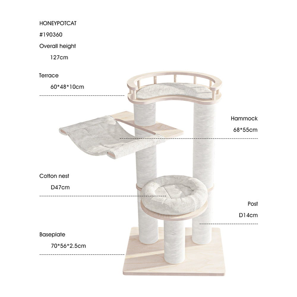 Cat Furniture: HONEYPOTCAT Leisure Loft With Hammock & Scratch Post - White Velvet - 127cm