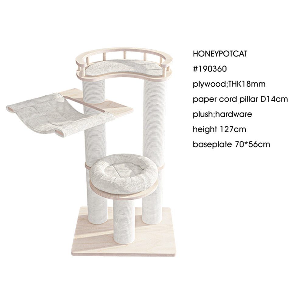 Cat Furniture: HONEYPOTCAT Leisure Loft With Hammock & Scratch Post - White Velvet - 127cm