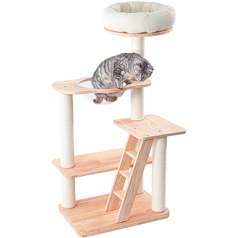 Cat Furniture: HONEYPOTCAT Serenity Plush Top Cat Tower - Wood Wax 125cm