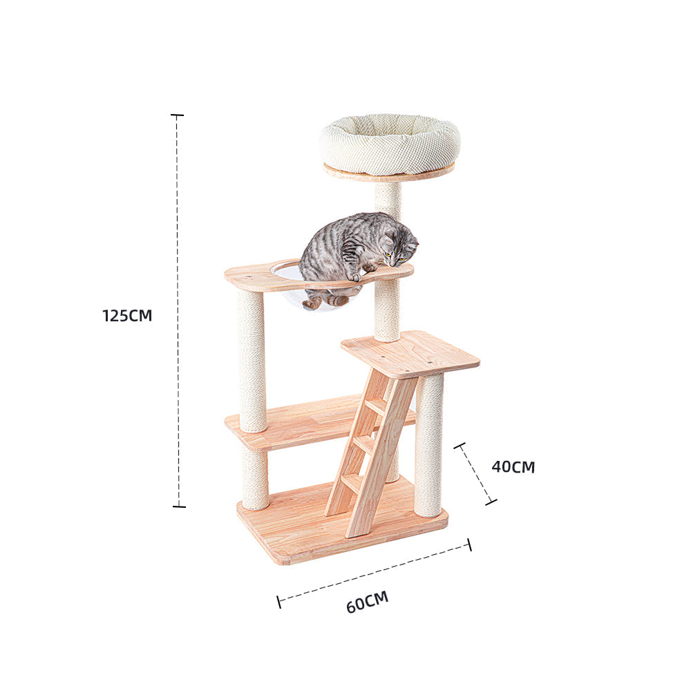 Cat Furniture: HONEYPOTCAT Serenity Plush Top Cat Tower - Wood Wax 125cm
