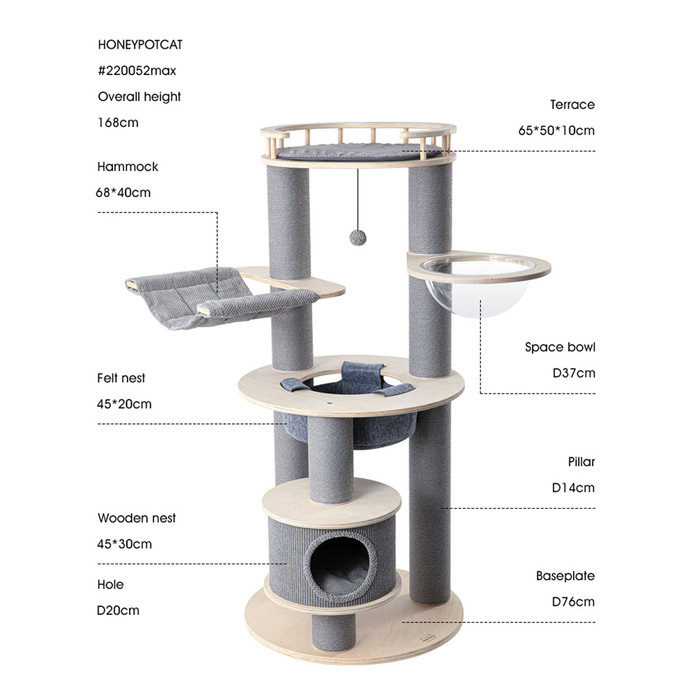 Cat Furniture: HONEYPOTCAT Majestic Reinforced Multi-Level Cat Tree With Hammock - 168cm