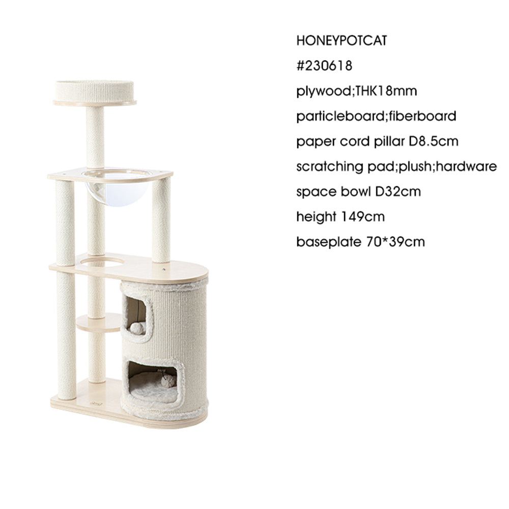 Cat Furniture: HONEYPOTCAT Fun Oasis Wood Cat Tree & Activity Barrel - 135cm