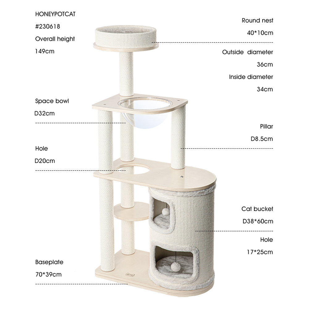 Cat Furniture: HONEYPOTCAT Fun Oasis Wood Cat Tree & Activity Barrel - 135cm