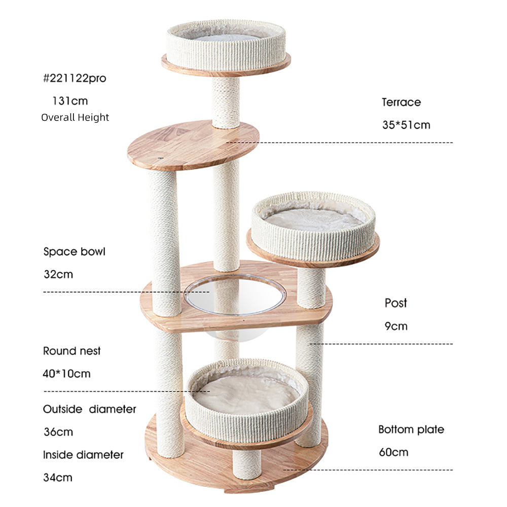 Cat Furniture: HONEYPOTCAT MZ Simple Joy Wood Cat Tower - Triple Charm 131cm