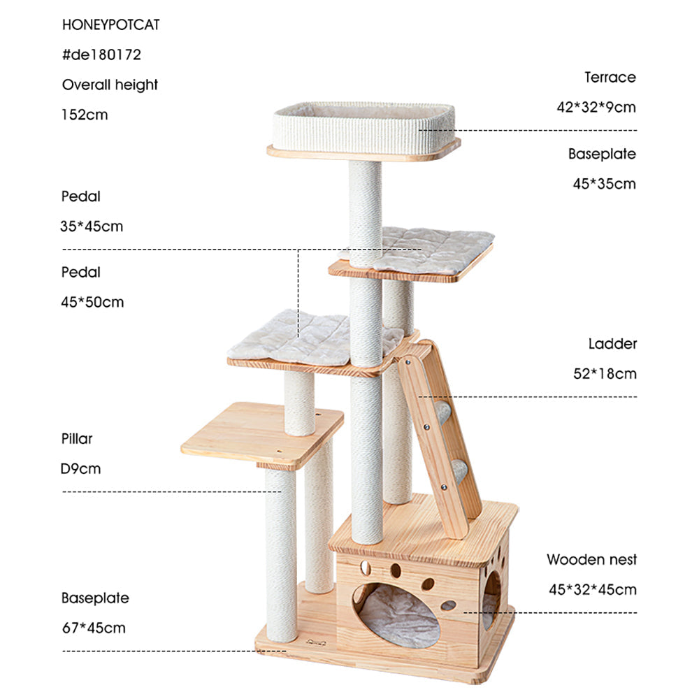 Cat Furniture: HONEYPOTCAT Elegant Wood Retreat - 146cm