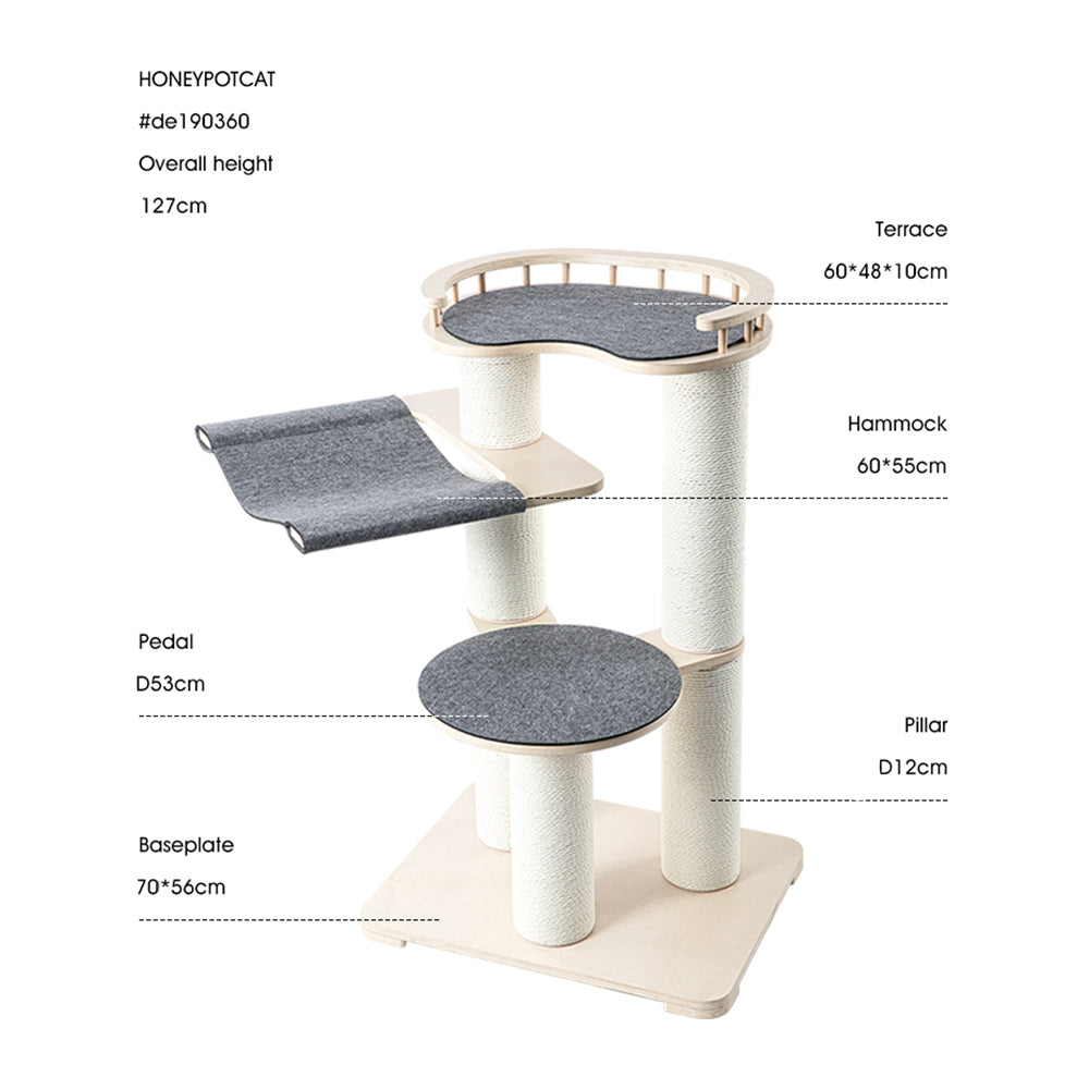 Cat Furniture: HONEYPOTCAT Leisure Loft With Hammock & Scratch Post - Gray Felt - 127cm