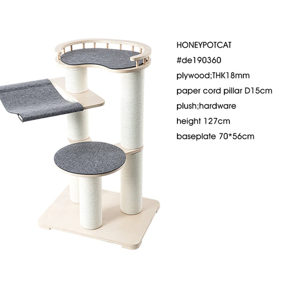 Cat Furniture: HONEYPOTCAT Leisure Loft With Hammock & Scratch Post - Gray Felt - 127cm
