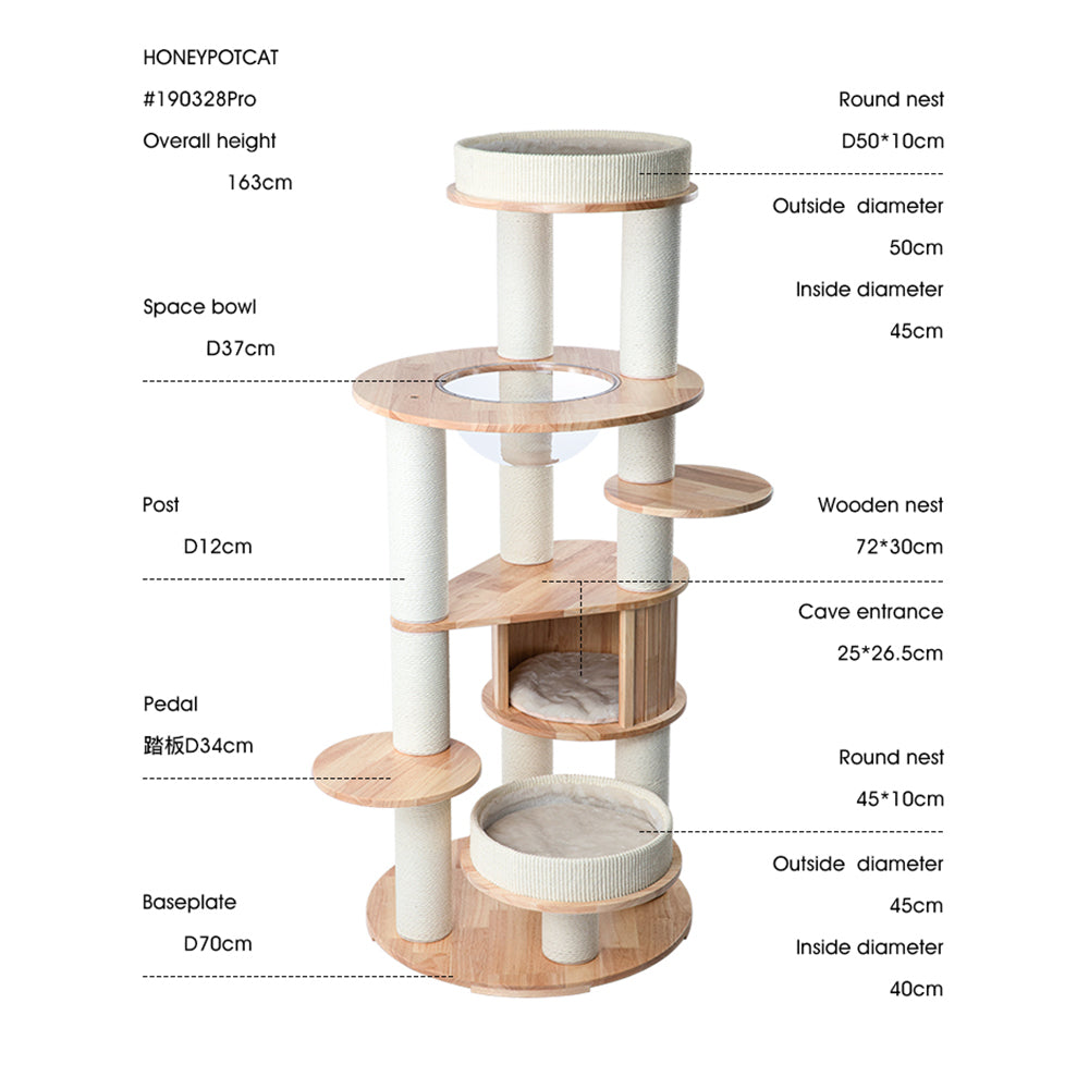 Cat Furniture: HONEYPOTCAT MZ Varnished Solid Wood Cat Tower With Capsule - 163cm