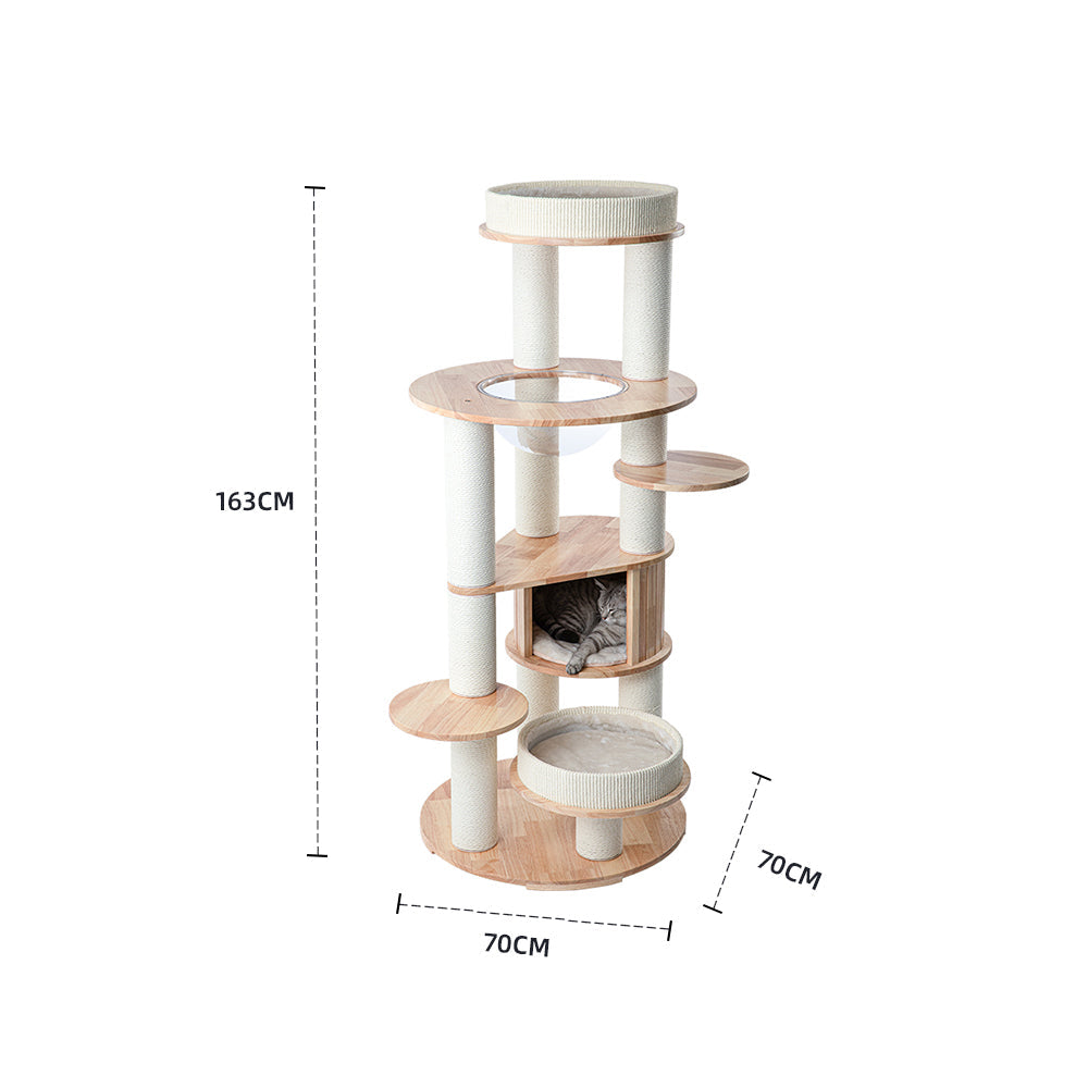 Cat Furniture: HONEYPOTCAT MZ Varnished Solid Wood Cat Tower With Capsule - 163cm