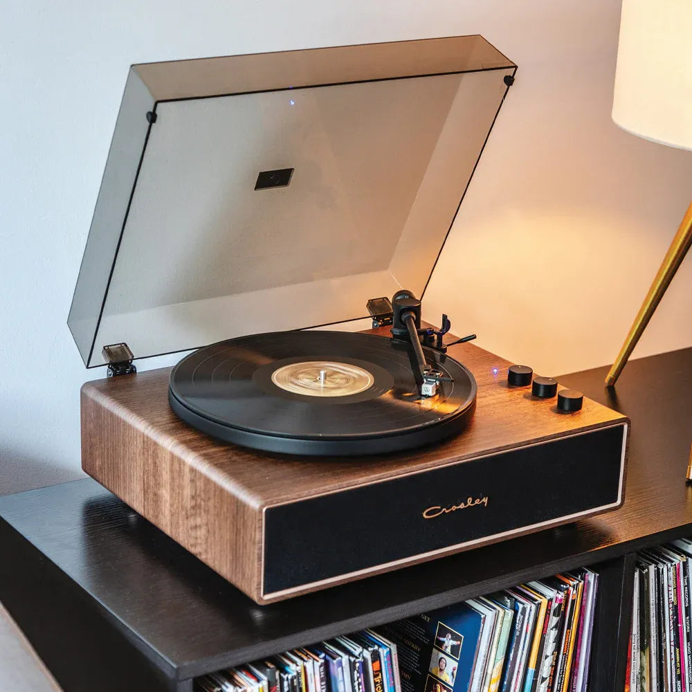 Crosley Stave 2-Speed Bluetooth Record Player Turntable with Built-in Speakers  + Crosley Asheville Stand Bundle - Walnut