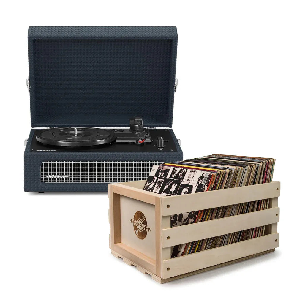 Crosley Voyager Bluetooth Portable Turntable + Bundled Record Storage Crate - Navy