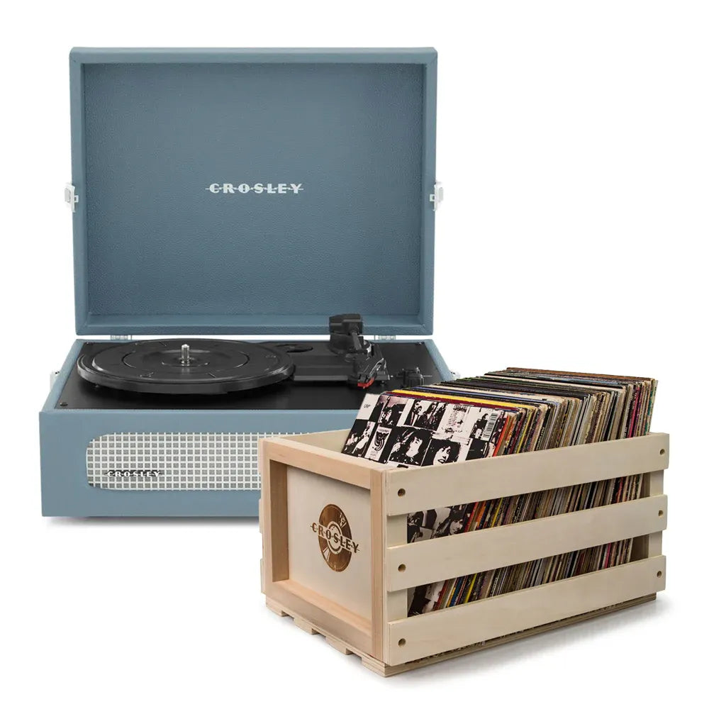 Crosley Voyager Bluetooth Portable Turntable + Bundled Record Storage Crate - Washed Blue
