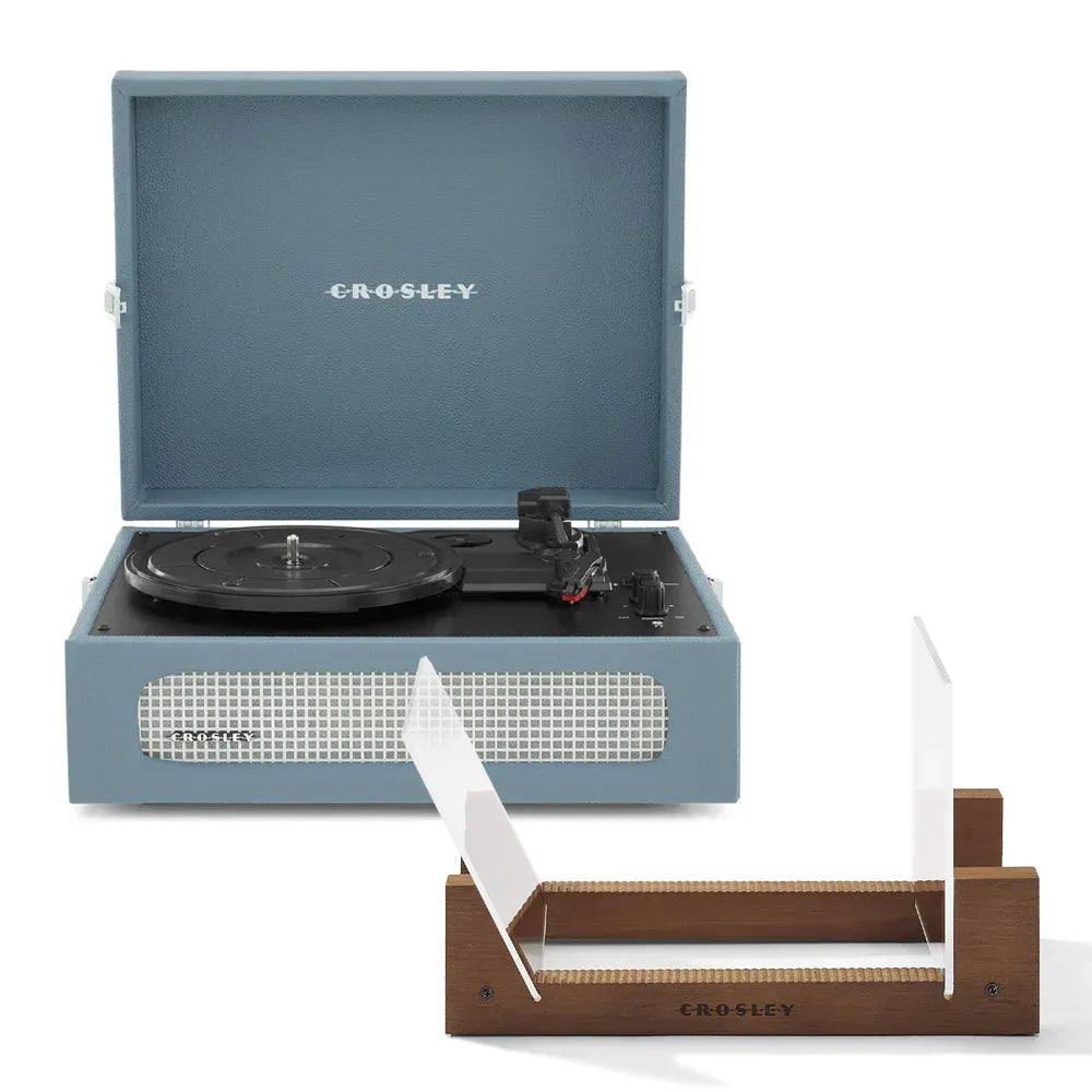 Crosley Voyager Bluetooth Portable Turntable + Bundled Crosley Record Storage Display Stand - Washed Blue