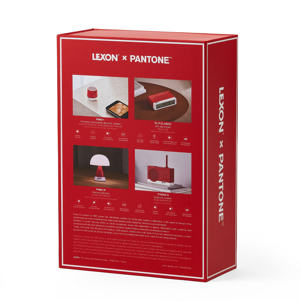Table Lamps: Lexon GIFT Set PANTONE - Includes Mino+ Mini Speaker, Flip Classic Clock, Mina M Lamp, Thykho 3  Speaker - 2035 Red